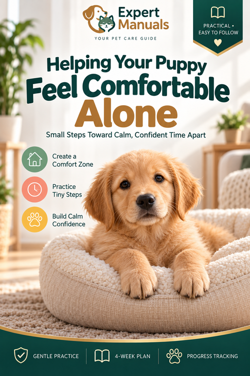 Expert Manuals — Helping Your Puppy Feel Comfortable Alone cover featuring a relaxed puppy in a cozy bed
