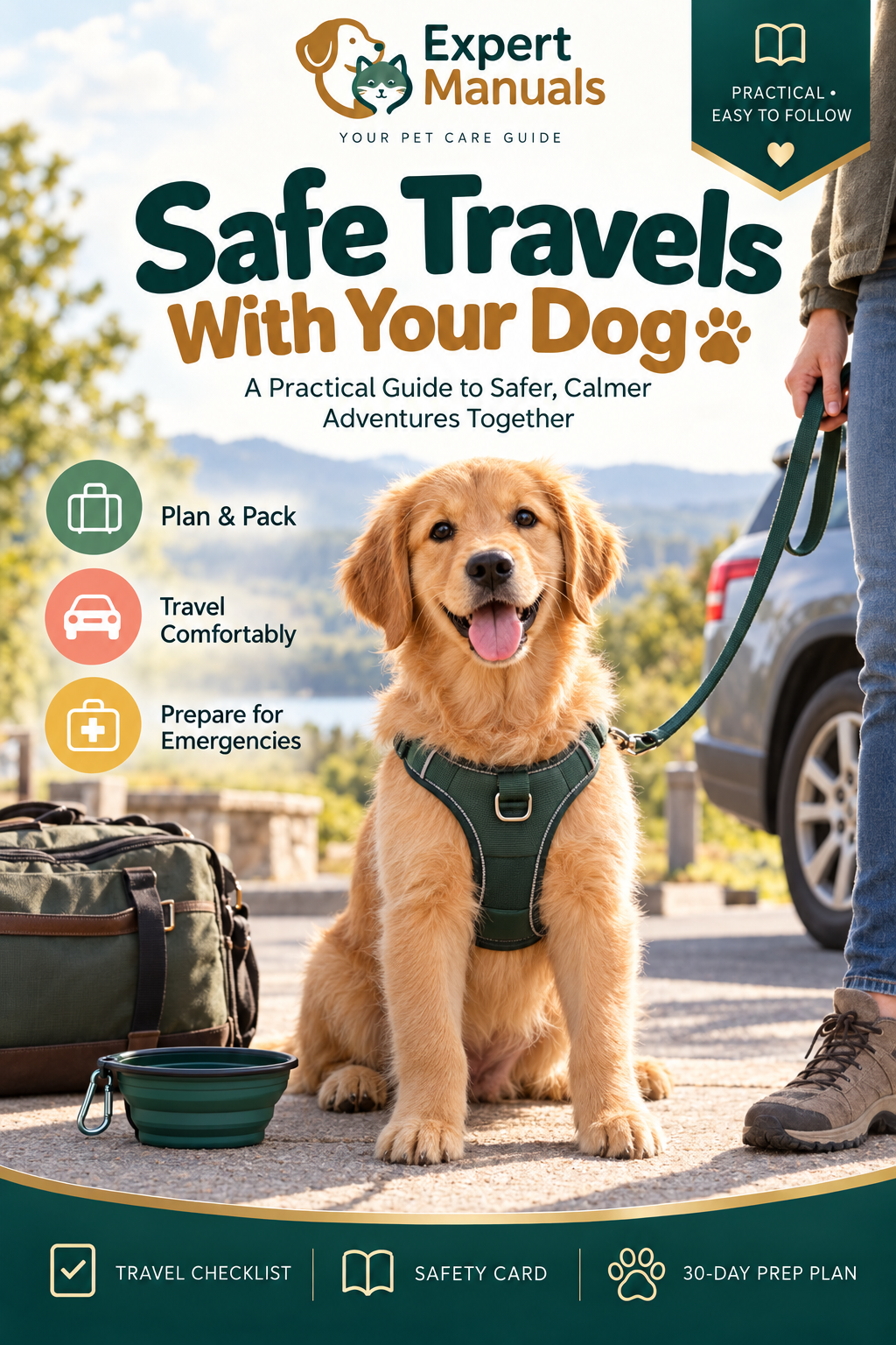 Expert Manuals — Safe Travels With Your Dog cover featuring a harnessed golden retriever beside its owner and a parked car